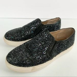 J/SLIDES Black Glitter Flats